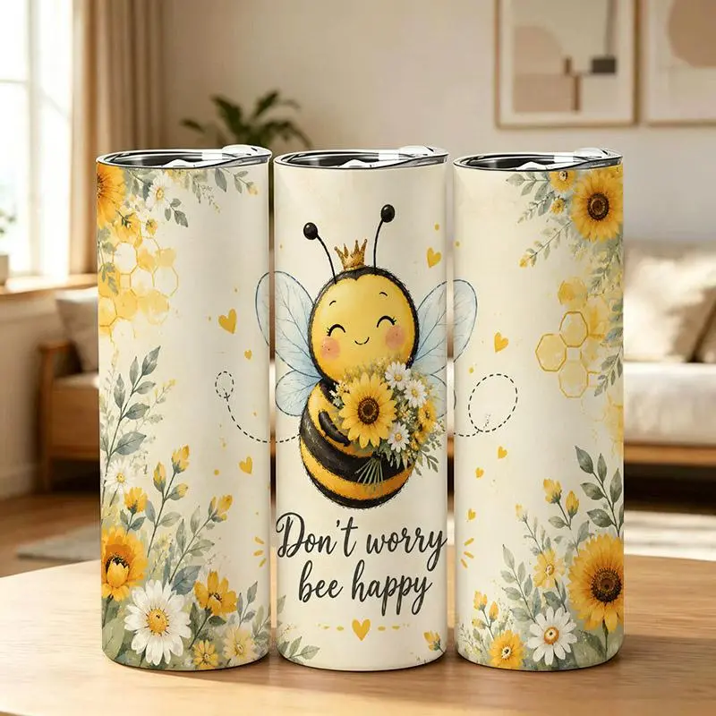 20oz Cute Bee and Sunflower Don’t Worry Bee Happy” Floral Pattern Stainless Steel Tumbler， Tumbler with Lid Vacuum Insulated Travel Mug， Coffee Cups With Lids， Perfect Gifts For Birthday Holidays Gifts For Women and Men