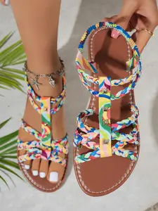 Rainbow Braided Open Toe Women's Flat Sandals, Ethnic Style Tie Design, Boho Roman Sandals, Beach Travel Shoes, Casual Outdoor Sandals, Comfortable and Slimming, Bohemian Sandals