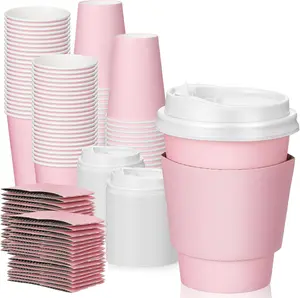 100 count 12 oz Disposable Coffee Cups with Lids and Sleeves Bulk, Insulated Paper Cups Hot  Cups for Hot and Cold Beverage Water Juice Cocoa  Party Restaurants Travel Supplies (Pink)