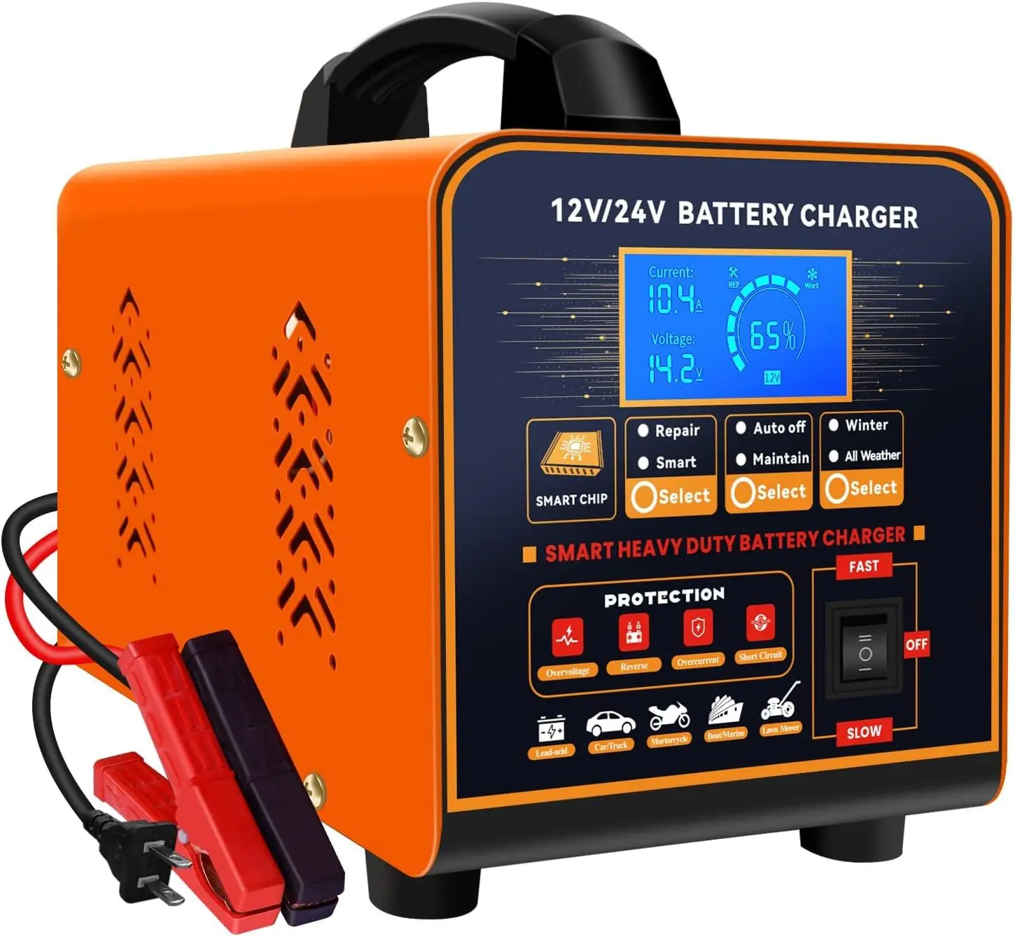 12V/24V Heavy Duty Slow Trickle Charger - 0-20A Automatic Maintainer with Metal Case, 2 Modes, 13.78"lx11.5"wx7.56"h, 14.3lb for RV, Boat AGM Lead Acid Batteries, 24/7 Expert Team Support, Lawn Mowers