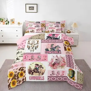 Feelyou Cowgirl Theme Comforter Set - Wild West Cow Fur Print, Sunflower, Exotic Plaid Pattern, Blush Pink Farmhouse Bedroom Bedding, Patchwork Brown Duvet