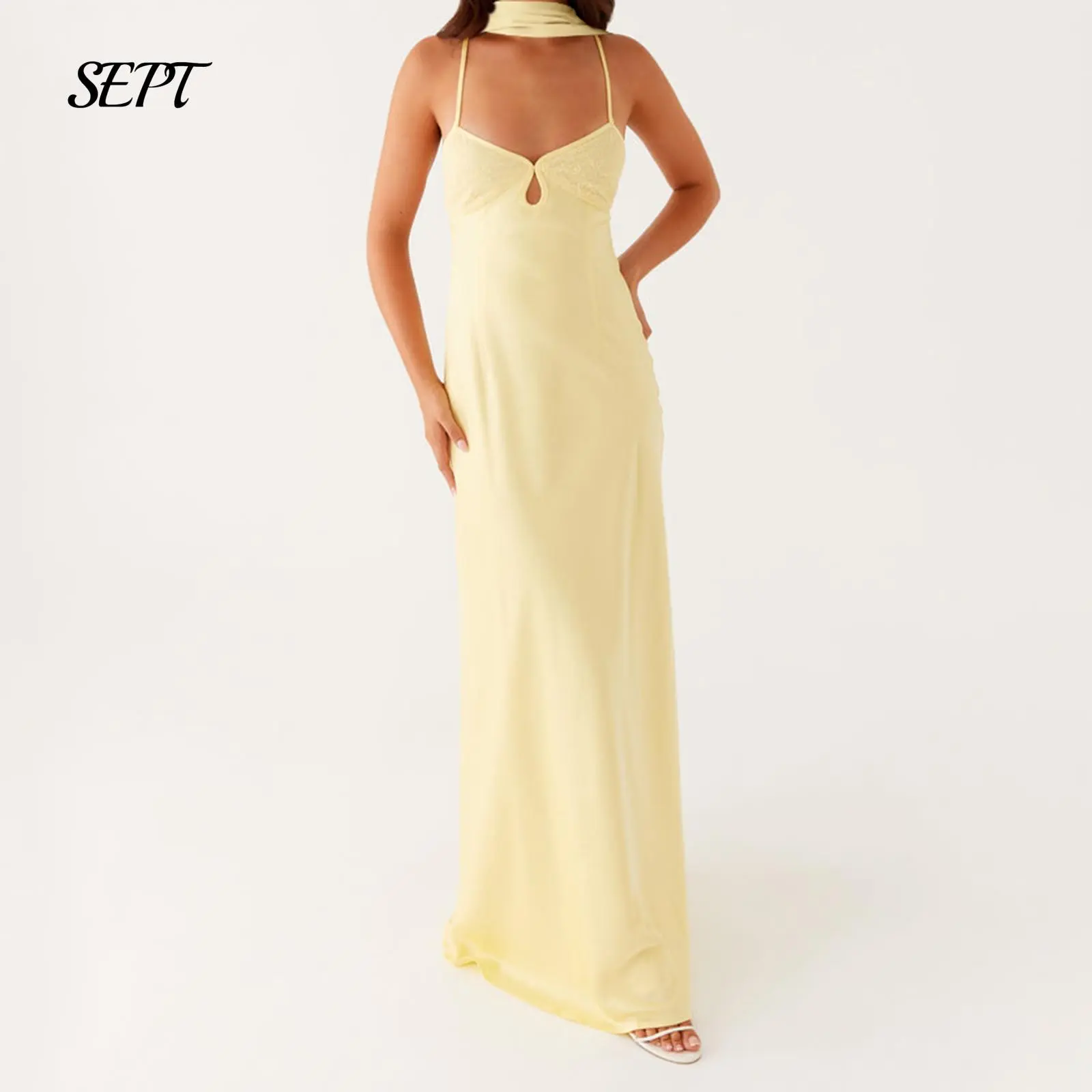 Women Summer Maxi Dress Solid Color Cami Dress Summer Fashion Sleeveless Spaghetti Strap Dress