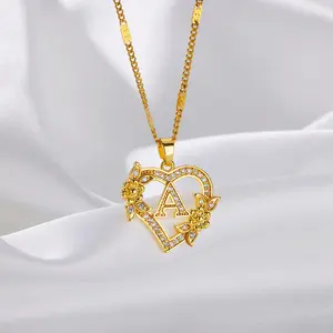 New Fashion Letter Detail Heart Shaped Pendant Necklace, Love Necklace for Women for Summer, Rhinestone & Flower Decor Stainless Steel Matching Necklace Jewelry, Girl's Temperament Cloths Accessory for Daily Wear
