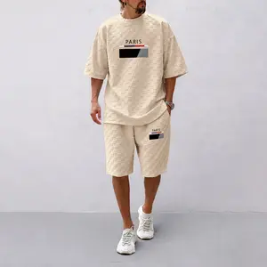 Men's Spring and Summer Paris Letter Print Checkered Fabric Drawstring Shorts Set, Casual Summer Outfit with Short-Sleeved Shirt and Shorts, Ideal for Everyday Wear and Sports Activities