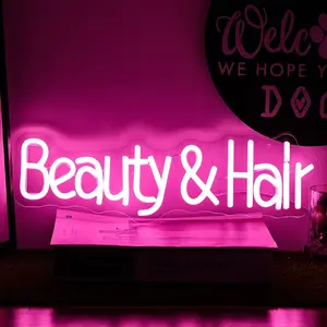 Beauty Hair Neon Sign Dimmable Pink Letter Neon Signs Salon Hair Salon Sign Word LED Neon Light Sign  USB for Barbers, Beauty Salons Decor for Girls Room Bedroom