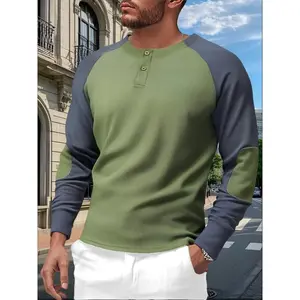 Men's Long Sleeve Waffle Knit Shirt, Colorblock Design, Breathable Fabric, Casual Fashion for Fall & Winter, Perfect Daily Wear