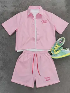 Retro pink checkered suit, cut short sleeved shirt and elastic waist shorts, Y2K youthful style, summer fresh, perfect for summer casual and date wear.