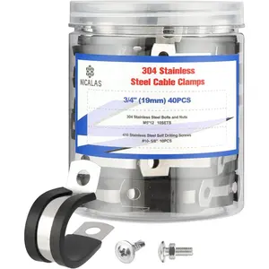 70pcs 3/4 Inch Stainless Steel Cable Clamps And Stainless Screws,Rubber Coated Cushioned Insulated P Clamps Assortment