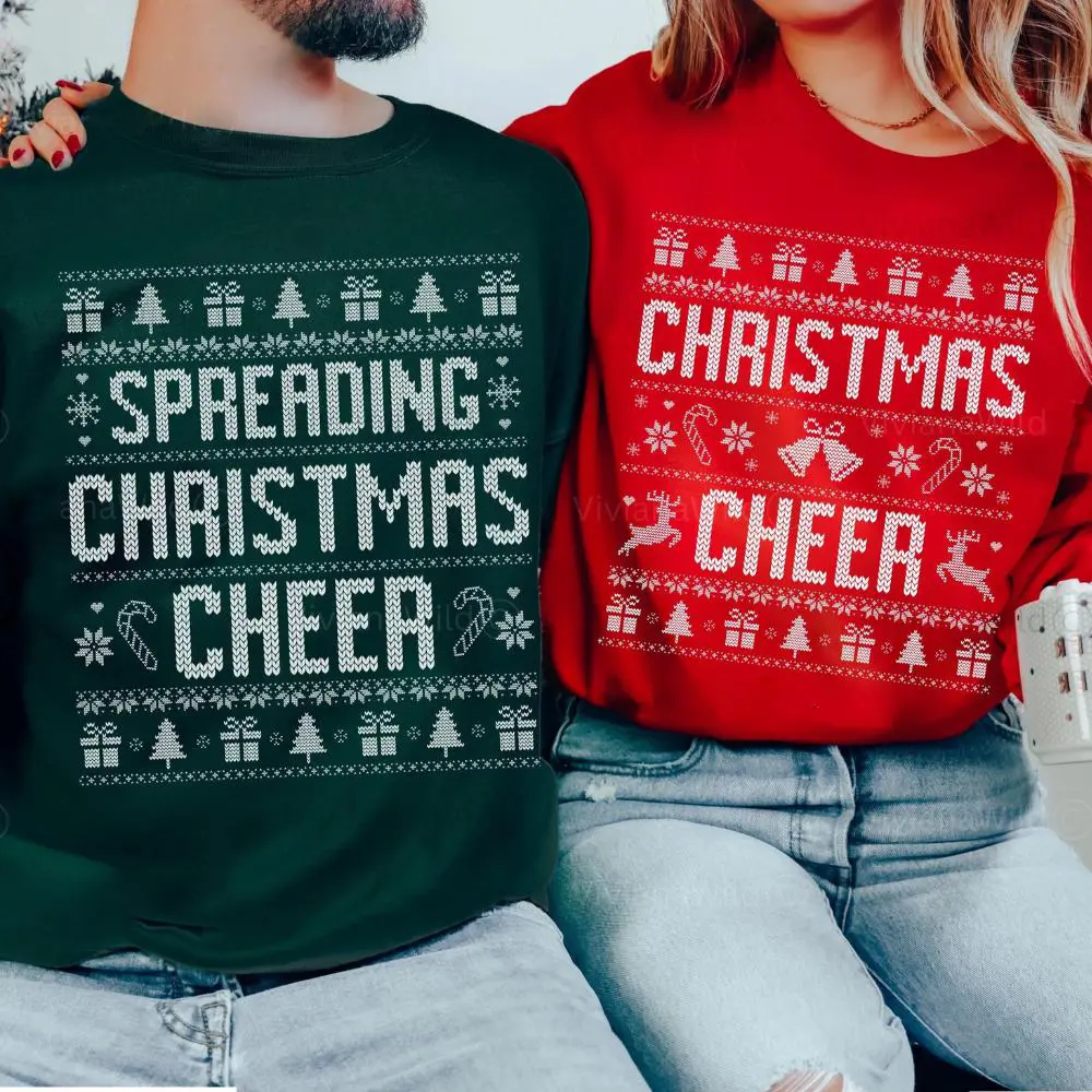 A cute couples ugly Christmas sweatshirt set for matching holiday outfits, a festive winter gift idea and adorable Christmas couple apparel.