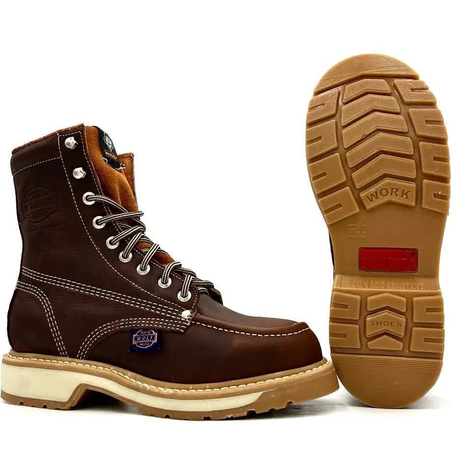 White Wolf 8 Inch Lacer Moc Toe Work Boot WW-955 Grizzly Brown Leather with Goodyear Welt, Oil and Slip Resistant, Anti-Fatigue, Closed Design