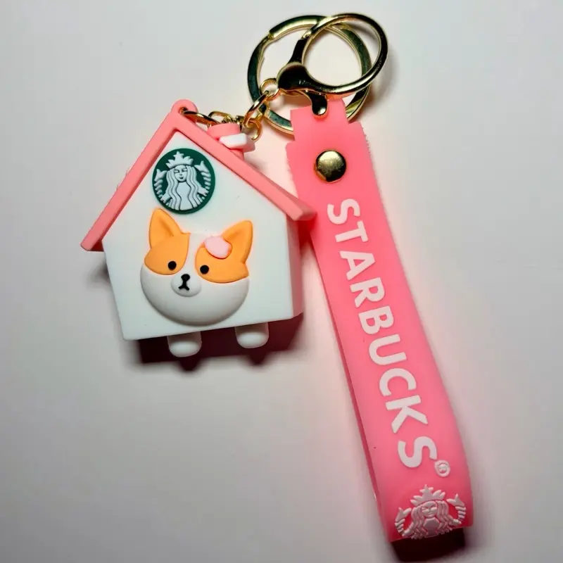 Cute Corgi Sbux House Silicone Keychain with Pink Wristband