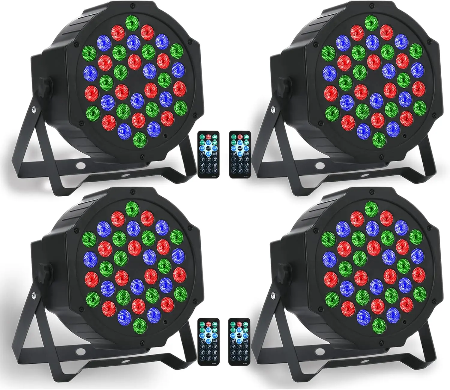 4-Pack High-Output 36W Color Changing Stage Uplights, 12xRed/12xGreen/12xBlue LEDs, Clamp, Remote, DMX Channel Modes, 9 Operational Modes, Sound Act., 25° Beam Angle, 7.1x6.3x3.5in for Birthday, Event Lighting