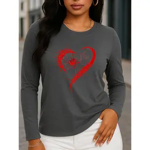 2026 New Valentine's Day Heart Print Women's Long Sleeve Crew Neck Casual Top, Machine Washable, All-season Wear, Loose Fit, Silky Fabric, for Home Leisure Daily Use