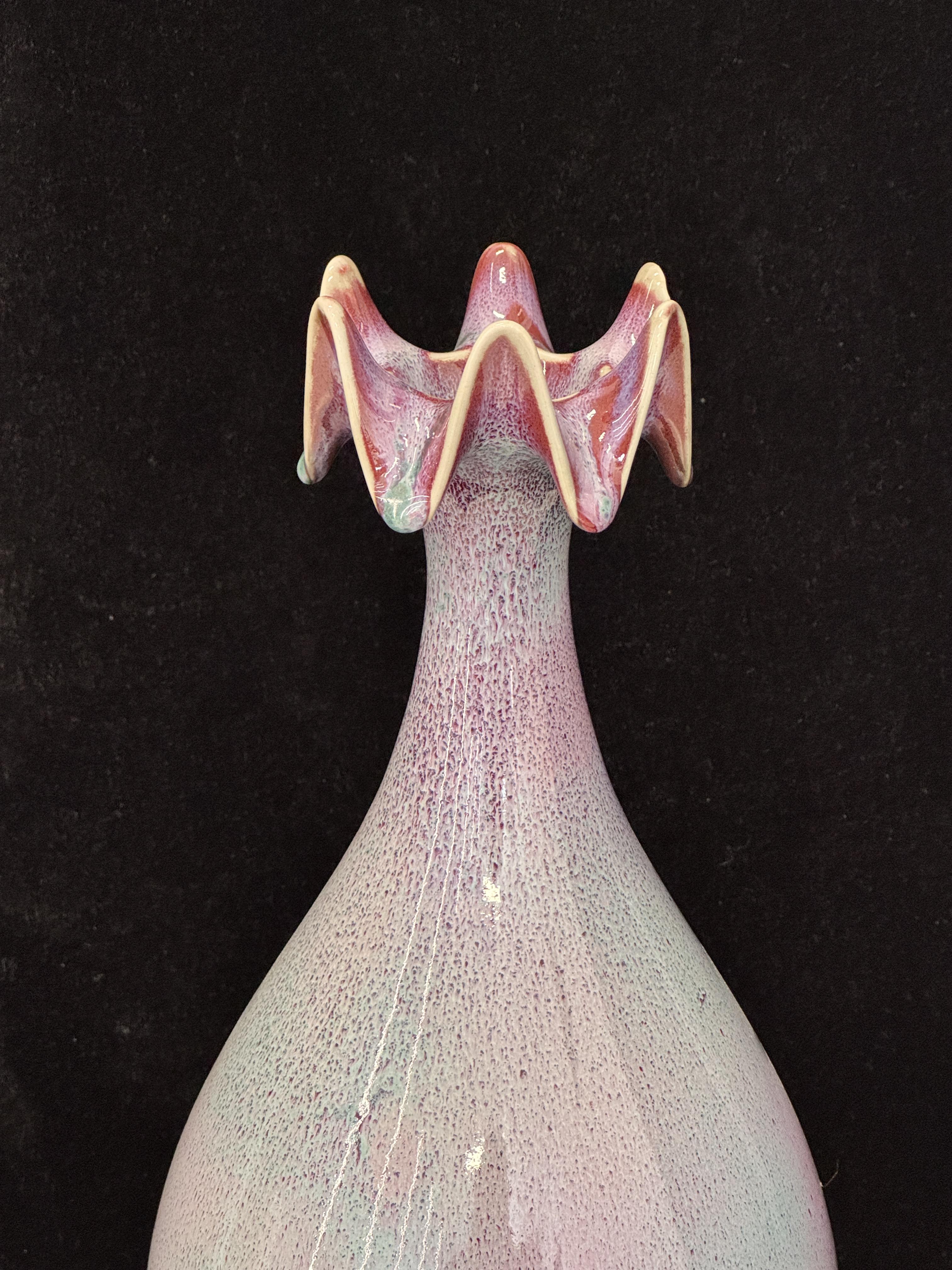 Handmade Chinese Jun Porcelain Vase with Ruffled Flower Top, Vintage Pink-Green Kiln-Fired Glaze Ceramic Vase, Unique Asian Art Home Decor