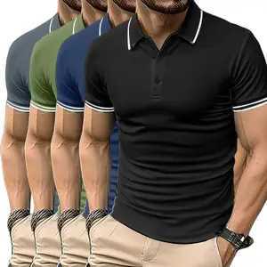 Men's Summer Four-Piece Short Sleeve Polo Shirt Set - Soft Fabric with Trendy Color-Block Trim, Perfect for Outdoor Casual Wear and Everyday Style