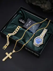 Luxury 4-Piece Gift Box Set, Full Diamond Blue Dial Watch, Sparkling Cross Necklace, Cuban Chain Bracelet, Perfume, Party Wear for Men