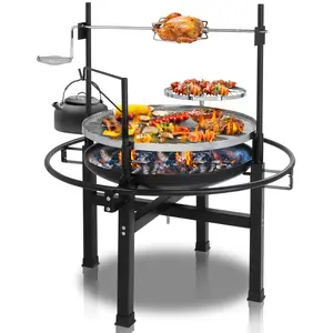 Upgrated 33'' Outdoor Fire Pit with 2 Grills, Grill with Side Shelves, Wood Burning Round Firepit with Swivel Cooking Grate, Removable Swivel Grill for Backyard, Patio, Picnic, BBQ and Parties