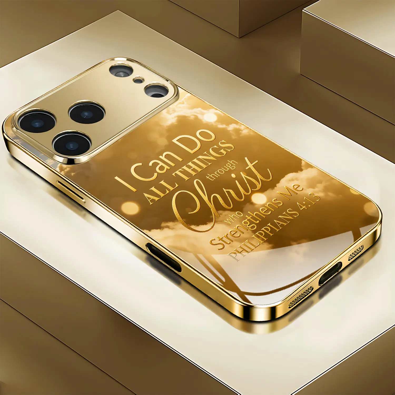 Inspirational text design set against a golden sunset-a brand-new electroplated gold tempered glass phone case designed specifically for iPhone 17/16/15/14/13/12/11 users, as well as Samsung A and S series users.