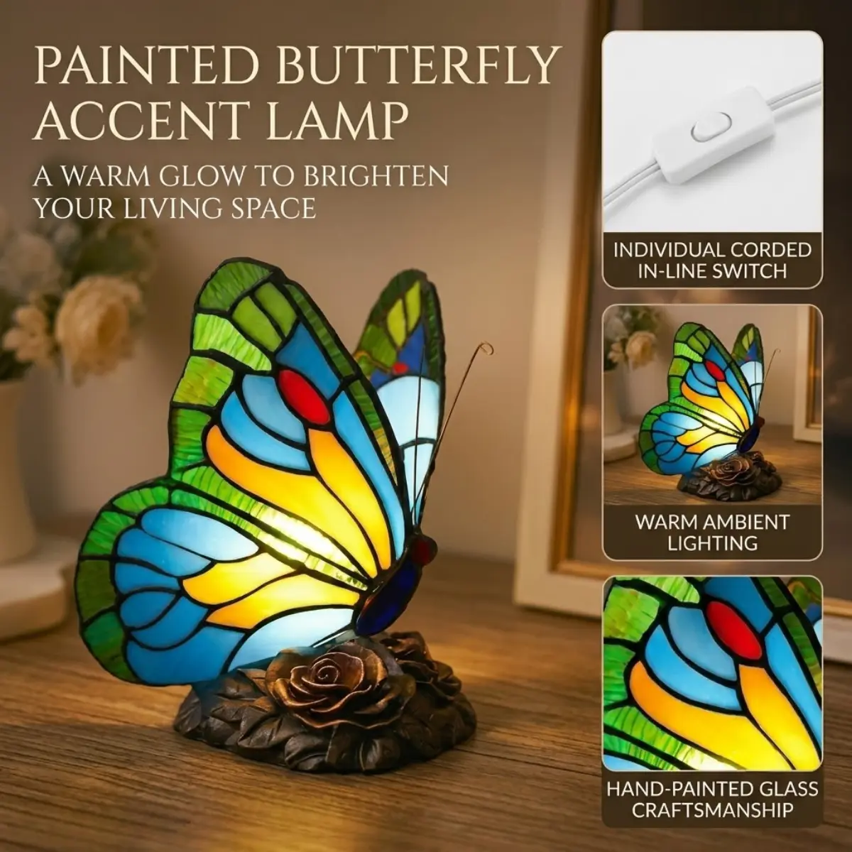 Stained Glass Table Lamp - Hand-Painted Butterfly Accent Night Light with Corded In-Line Switch, Vintage Desk Lamp for Bedroom & Living Room Decor, Aesthetic Gift for Women & Her, Warm Light