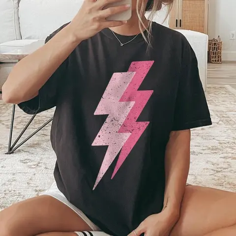 Women's Pink Lightning Bolt Graphic T-Shirt - Soft Cotton Fabric, Seamless Underarm, Short-Sleeve, Round Neck, Oversized, Bold Prints, Street Art Inspired Style, Funny Streetwear, 80s 90s Y2k Vintage Punk Rock Aesthetic Tops