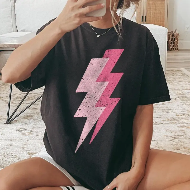 Women's Pink Lightning Bolt Graphic T-Shirt - Soft Cotton Fabric, Seamless Underarm, Short-Sleeve, Round Neck, Oversized, Bold Prints, Street Art Inspired Style, Funny Streetwear, 80s 90s Y2k Vintage Punk Rock Aesthetic Tops