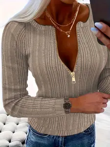 Women's Versatile Slim-Fit Knitted Top, Long Sleeve, Casual Plain Minimalist Design, All-Season Wear, Zipper Closure, No Button or Collar, Made in China, Womenswear