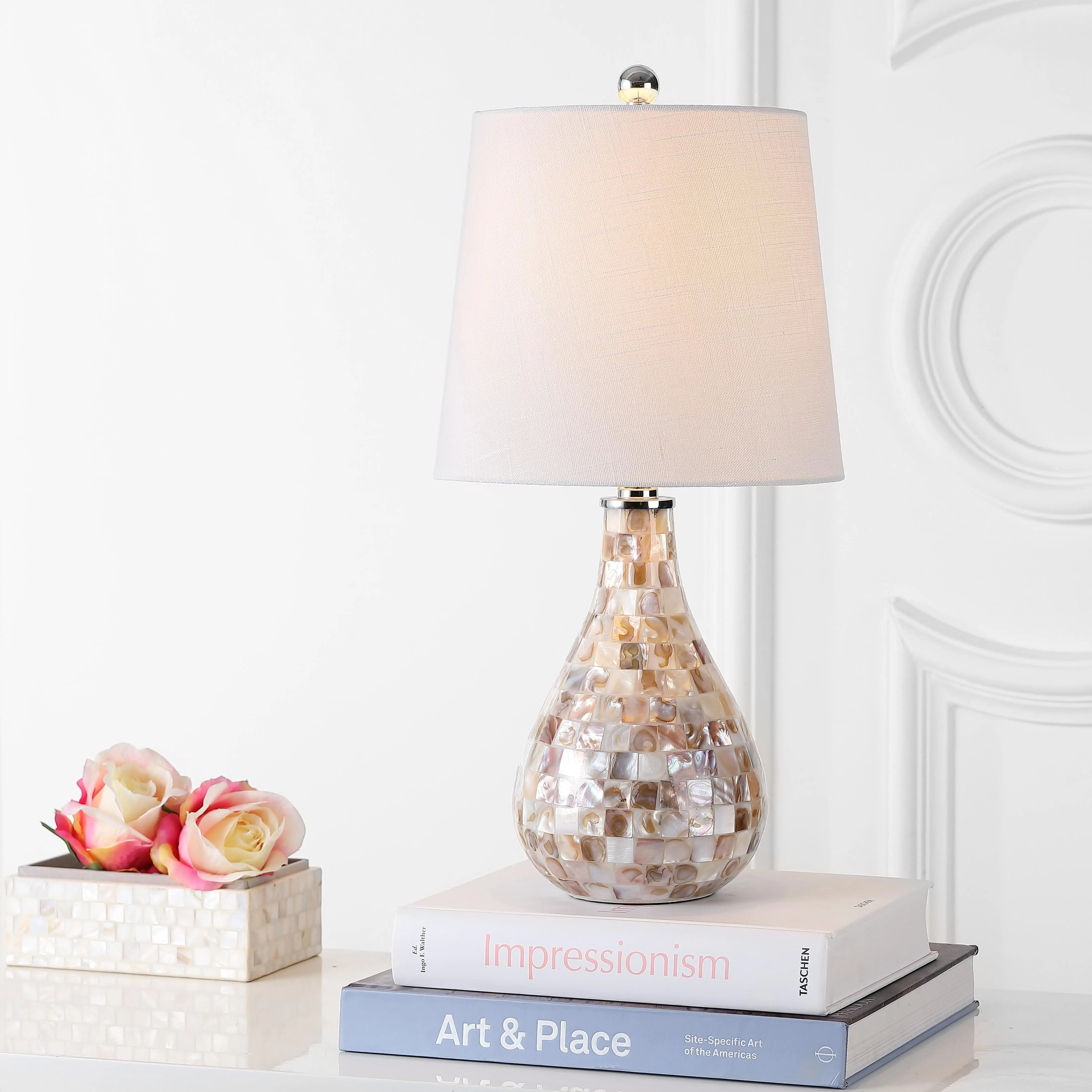 JONATHAN Y Mona Coastal Mini LED Table Lamp Bedside | Linen Drum Shade, Mother Of Pearl Resin Body, On-Off Rotary Switch, LED Bulb Included