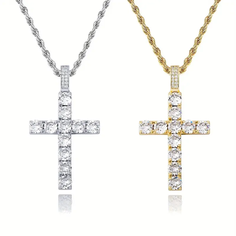 Moissanite Cross Design Pendant Necklace - 0.5 Carat, 5mm, 60cm Twisted Chain, Elegant Timeless Religious Daily Wear Costume Jewelry, Daily Wear Necklace, Religious Necklace