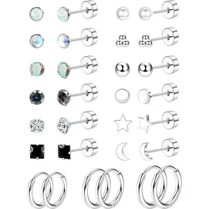 Jstyle Hypoallergenic Flat Back Stud Earrings for Women Men Surgical Stainless Steel Earrings for Sensitive Ears Small Stud Hoop Silver Gold Black Earrings Cartilage Earring Set for Multiple Piercing