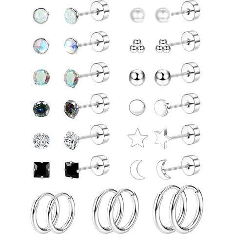 Jstyle Hypoallergenic Flat Back Zircon Stud Earrings - Surgical Steel for Sensitive Ears, Round Shaped Black & Silver Tone Unisex Set for Multiple Cartilage Piercings, Business-Ready Jewelry