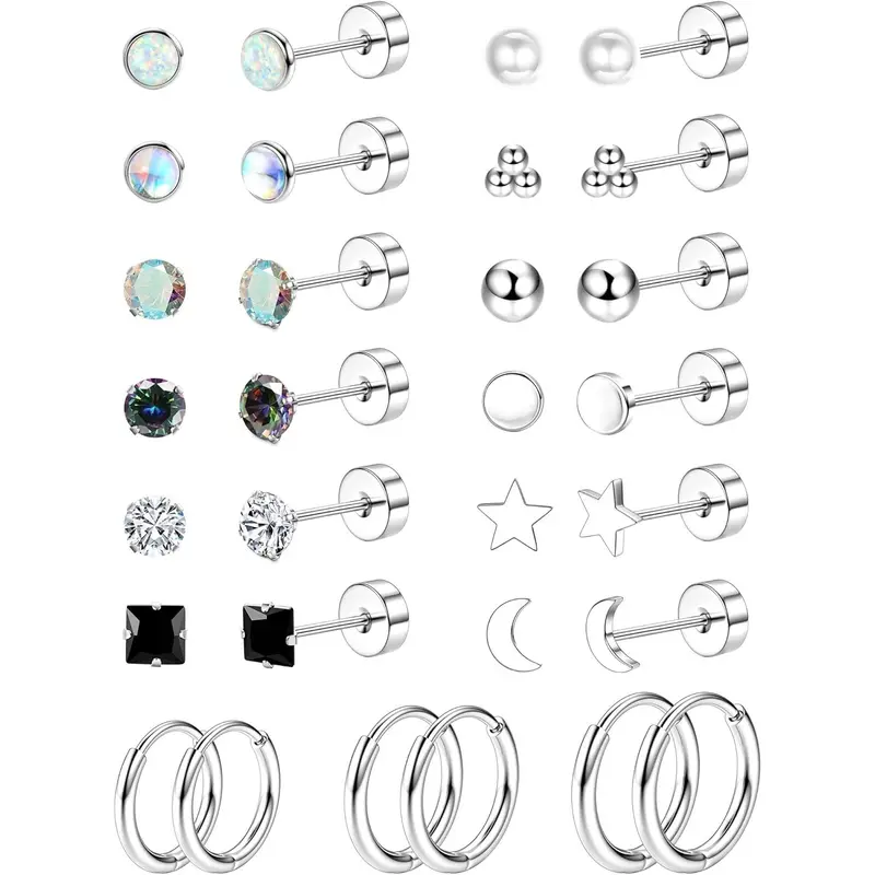 Jstyle Hypoallergenic Flat Back Zircon Stud Earrings - Surgical Steel for Sensitive Ears, Round Shaped Black & Silver Tone Unisex Set for Multiple Cartilage Piercings, Business-Ready Jewelry