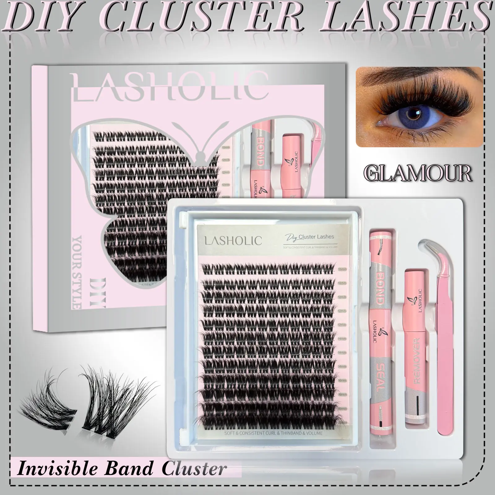 Lasholic Lashes Volume DIY False Eyelash 10-20mm Ultra Dense Wispy Long Lasting Easy Apply Invisible Band Cluster for Bold Dramatic Look - Makeup, Fluffy Lash Clusters, Wispy Eyelash Clusters