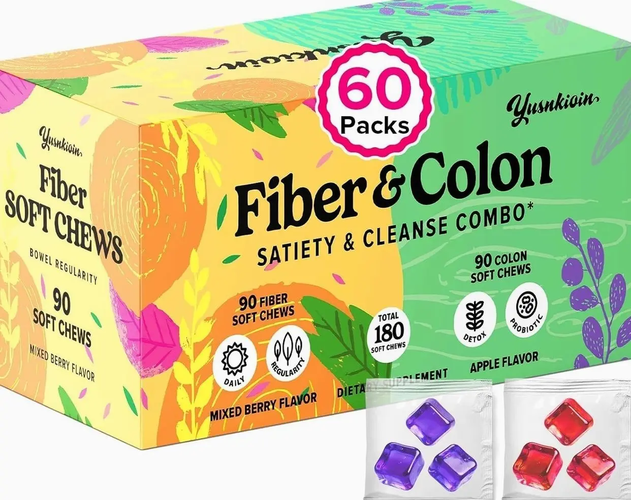 Fiber Gummies & Colon Gentle Cleanse - 180 Soft Chews Fiber Gummies for Adults, 50 B Probiotics, Psyllium Husk & Senna - Colon Detox Cleanse for Gut Health, Regularity & Bloating Relief