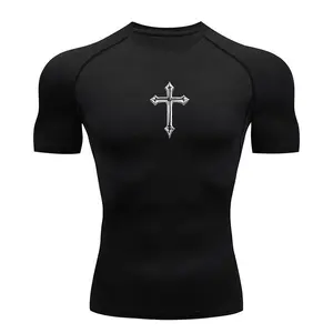 Cross Print Compression Shirt for Men Christian Athletic Tshirt Tees Tops Gym Workout Running Baselayers Undershirts Rash Guard