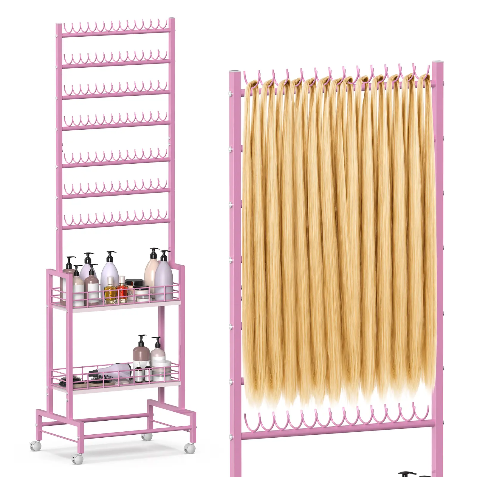 Multi-functional storage rack with wheels for home storage, Portable Braiding Hair Rack with 182 Pegs 2 Sided Design, Space-Saving Hair Extension Organizer for Braiders, Hairstylists, Salon & Home Use