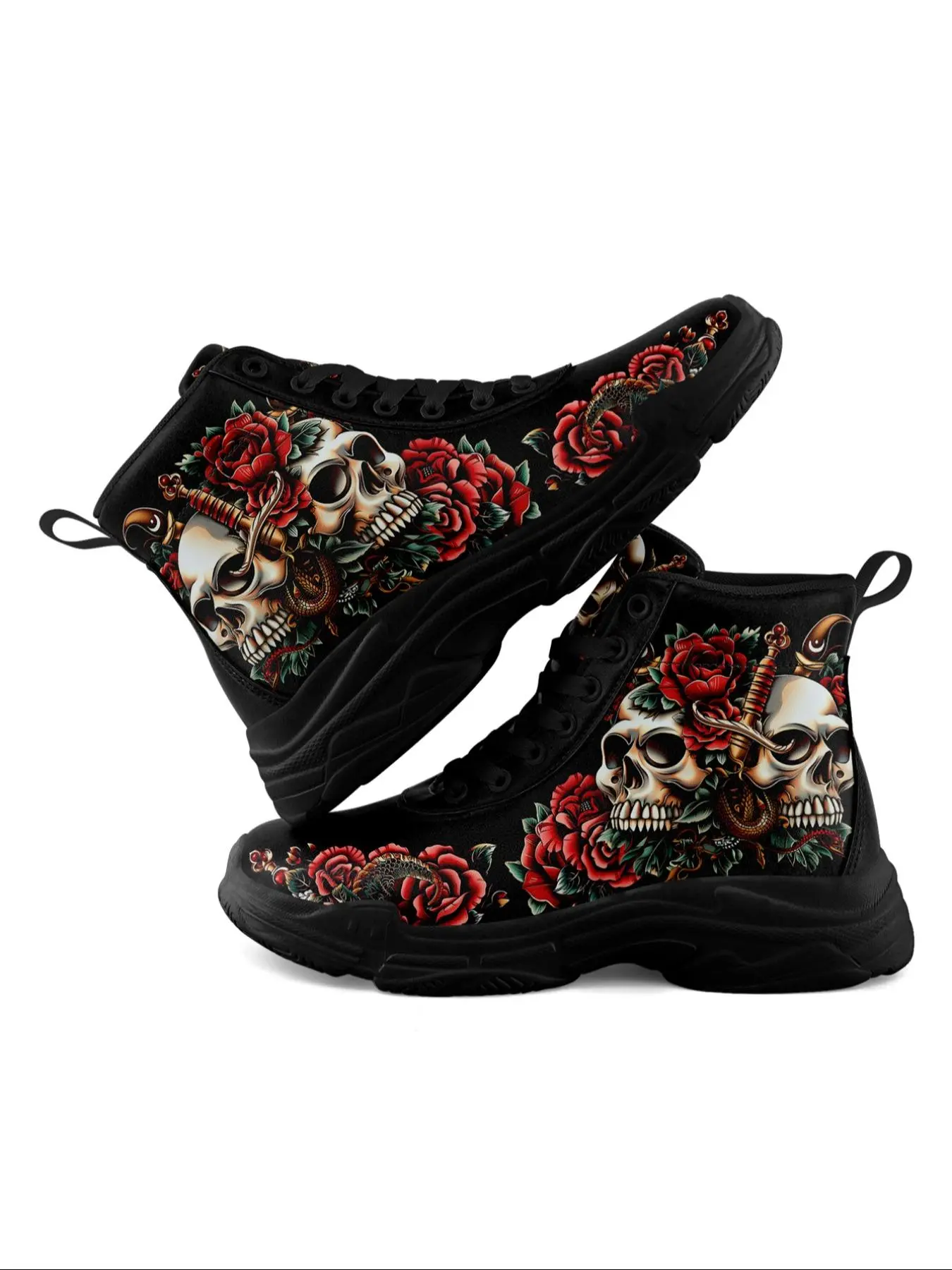 Valentine's Day Women's Fashionable Skull & Rose Print High Top Lace Up Sneakers, Casual Comfortable Sports Shoes for Daily Wear, Female All-match Round Toe Shoes