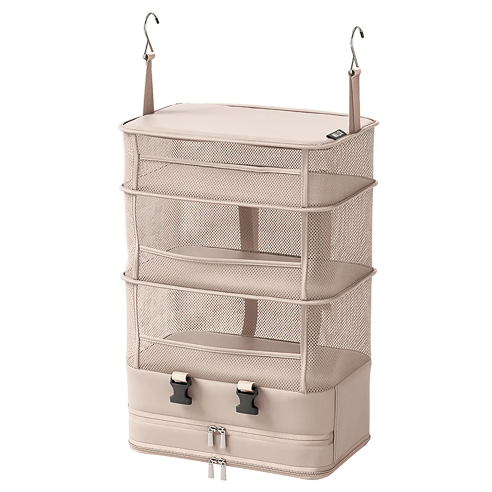 Hanging Closet Organizer and Storage, Foldable Beige Mesh Shelves with Zipper Bottom Bag for Clothes, Shoes, Travel, Back to School, Small Spaces, Dorm Room Essentials for College Students