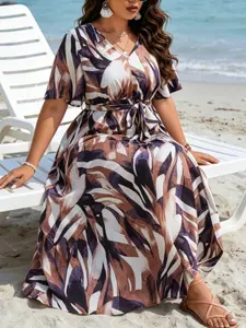 Plus Size Summer Plant Print V Neck Dress, Waist Tie Split Design, Loose Fit Slimming, Boho Style Maxi Dress, Short Sleeve Ethnic Pattern
