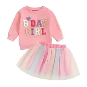 Toddler Baby Girls Birthday Outfits Clothes Tutu Tulle Skirt Set Long Sleeve Letter Embroidery Sweatshirt Tops Birthday Shirt + Tutu Skirt Set Gift for Girls