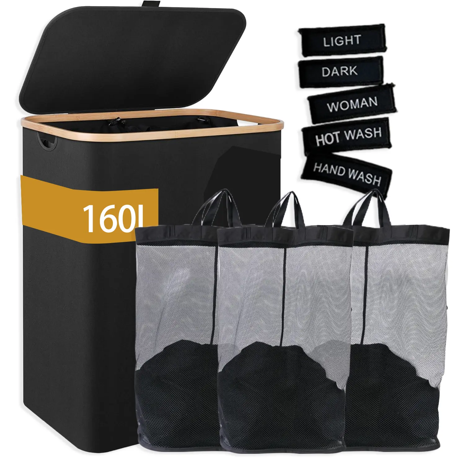 160L Black Laundry Basket, Collapsible Double-Layer Waterproof Hamper, Equipped With Foam Protected Aluminum Handles, For Home And Dorm Laundry Storage