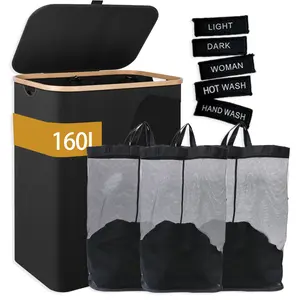 160L Black Laundry Basket, Collapsible Double-Layer Waterproof Hamper, Equipped With Foam Protected Aluminum Handles, For Home And Dorm Laundry Storage