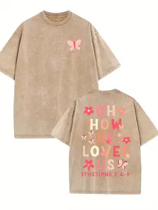 Men's Vintage Washed 100% Cotton Oversized T-Shirt with "Oh, How Much He Loves Us" Print - Soft Breathable Casual Loose Fit Short Sleeve Tee Suitable for Summer, Outdoor & Daily Wear - Machine Washable Year-Round Comfortable Shirt vintage outdoor