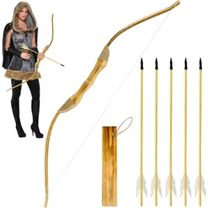 Wooden Bow and Arrow Set, 40 Inch Handmade Wooden Bow and Arrow Cosplay Costume Prop Archery Games Toys, 1 Bow 1 Quiver and 5 Feather Arrows, Gifts for Kids Youth Boys and Girls