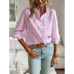 Elegant Ruffle Blouse Long Sleeve Lace Collar All Season Top for Women Shirts Fabric Chic Fitted Polo White Polyester Womenswear