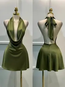 Women's Halter Neck Satin Short Dress, Backless Tie Waist Bodycon Skirt, Summer Elegant Sleeveless Party Gown