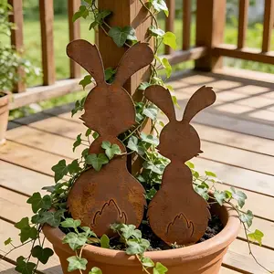 2 Rabbits Natural Rusty, Metal Rabbit Garden Plugs - Easter Outdoor Decor, Rabbit Sculpture Plant Stakes, Yard Decor Ornaments, Garden Accessories, Rabbit Shaped Pot Plant Climbing Frame, Perfect Gift for Easter Gardening Lovers