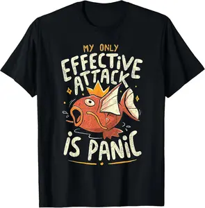 Retro "My Only Effective Attack Is Panic" Funny Fish Graphic T-Shirt, Vintage Humorous Fishing Quote Print 100% Cotton Oversized Crew Neck Tee, Unisex Short Sleeve Streetwear Cotton Top, Trendy Meme Aesthetic Shirt for Fishing Fans, Humor Lovers