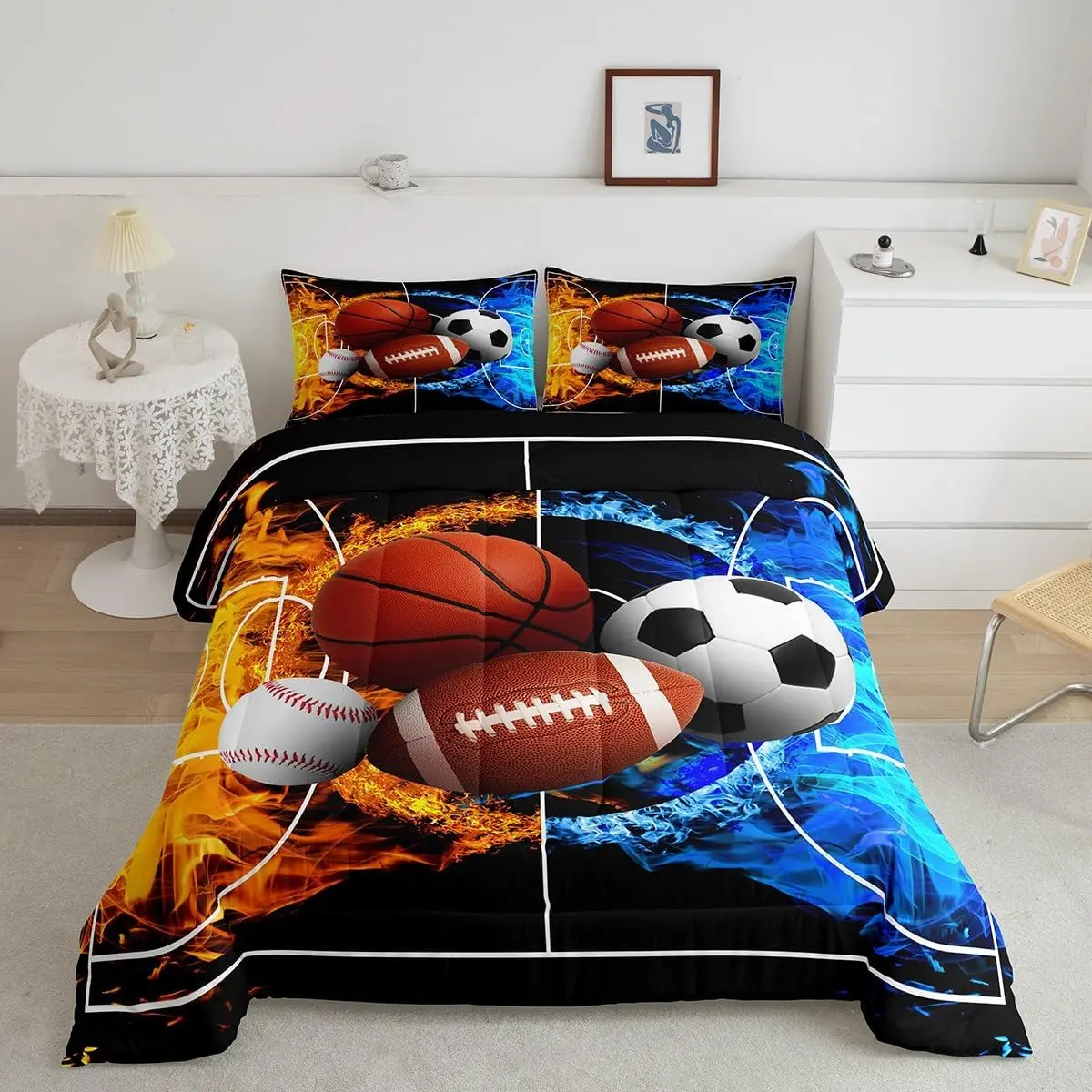 Ball Games Comforter Set,Ice Fire Ball Bedding Set for Men Women Boys Girls,Football Duvet Set, Soft Room Decor Bedroom Home Decor Quilt Set