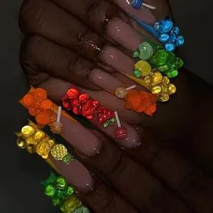 24 Rainbow Fruit Soft Candy Long Wear Nails, Includes Jelly Glue & File, Perfect for Festive, Daily, School, Office, Party, Nail Art Design Set, Square Nails