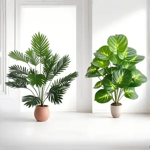 Set of 2 Large Artificial Faux Plants, Decorative Money Tree & Areca Palm with 18 Big Leaves, Indoor & Outdoor Greenery for Home, Hotel, Wedding & Holiday Decor